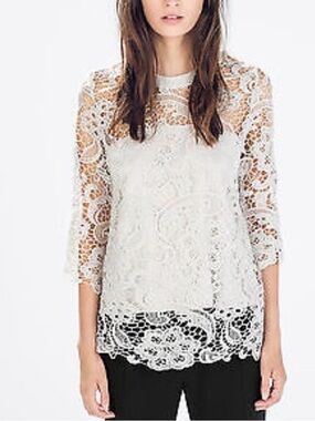 Zara Gray Floral Lace Crochet Blouse Bell Sleeve Scallop Hem Size M